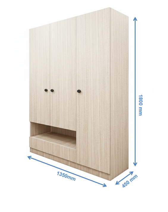 Modern Oak Finish Wardrobe - Stylish 3 Door Design with Bottom Shelf