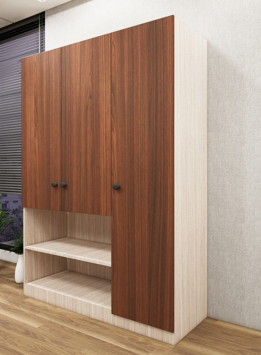 American Walnut & Oak Finish 3 Door Wardrobe – Elegant Storage with Open Shelves