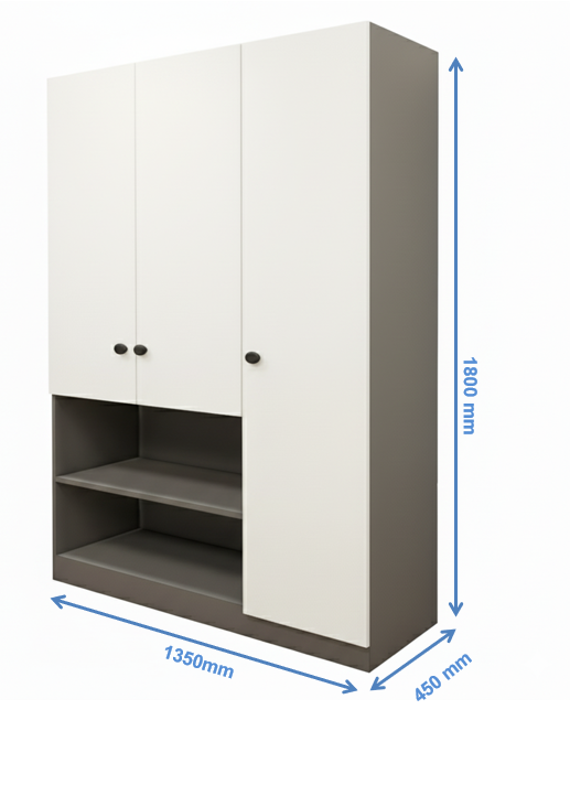 Dust & Wool White Finish 3 Door Wardrobe – Elegant Storage with Open Shelves