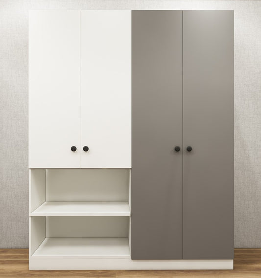 Four Door Wool White & Dust Finish Wardrobe – Stylish Dual Color Design with Shelving