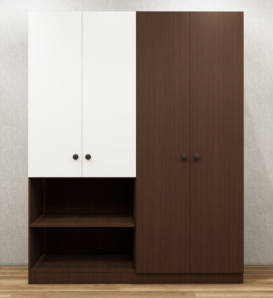 Four Door Rich Walnut & Wool White Finish Wardrobe – Stylish Dual Color Design with Shelving