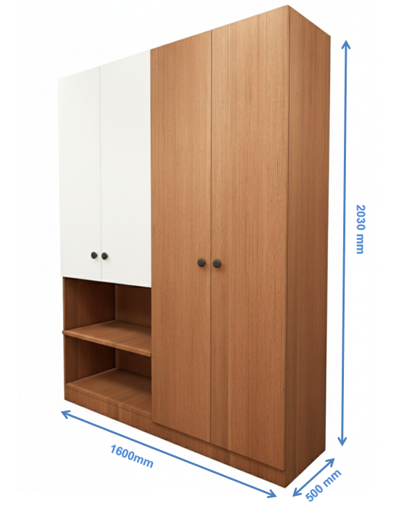 Four Door Burma Teak & Wool White Finish Wardrobe – Stylish Dual Color Design with Shelving