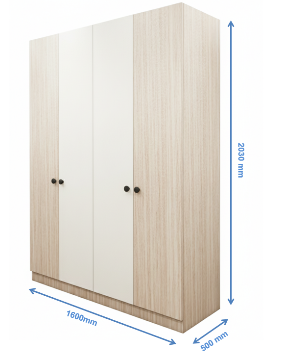 Four Door Modern Oak & Wool White Finish Wardrobe - Elegant Dual-Tone Four Door Storage