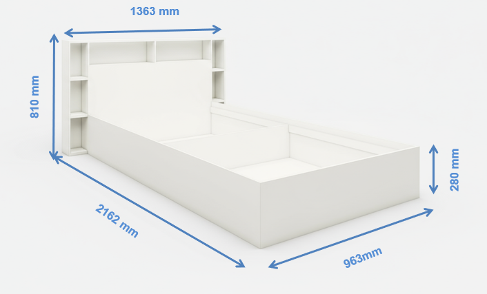 Wool White Finish Single Bed with Headboard Storage