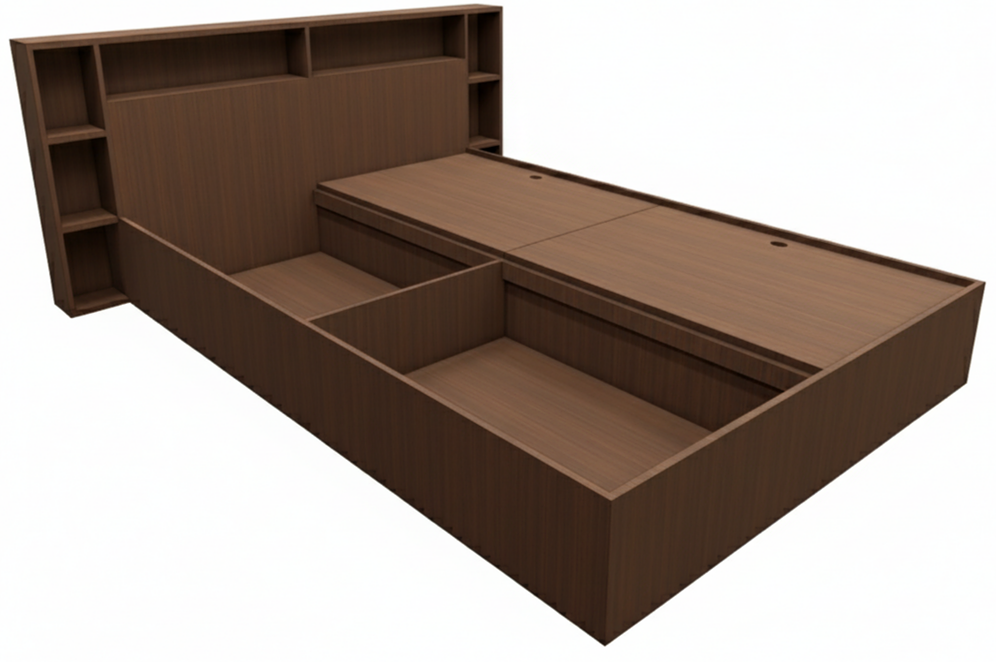 Rich Walnut Finish Queen Size Bed with Storage – Luxury Wooden Bedframe