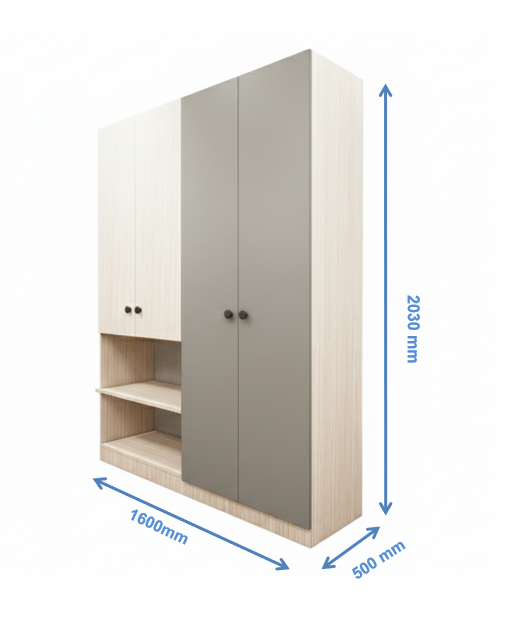 Four Door Modern Oak & Dust Finish Wardrobe – Stylish Dual Color Design with Shelving