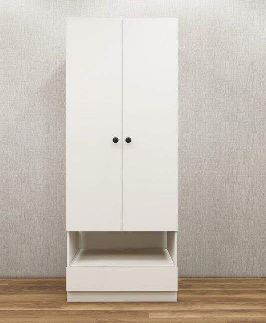 Wool White Finish Sleek Two Door Design with Open Shelf & Drawer