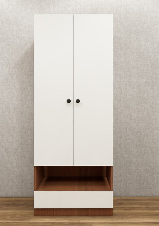 Burma Teak & Wool White Finish Sleek Two Door Design with Open Shelf & Drawer