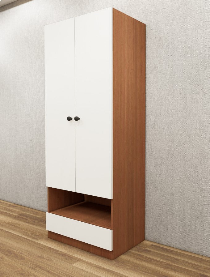 Burma Teak & Wool White Finish Sleek Two Door Design with Open Shelf & Drawer