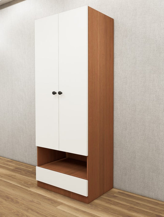 Burma Teak & Wool White Finish Sleek Two Door Design with Open Shelf & Drawer