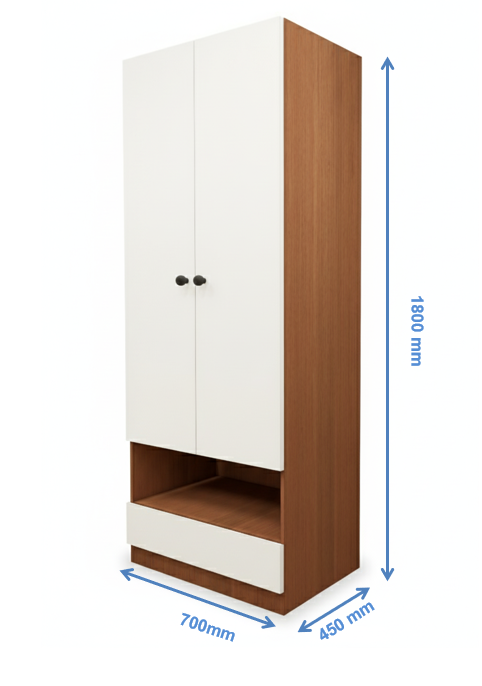 Burma Teak & Wool White Finish Sleek Two Door Design with Open Shelf & Drawer