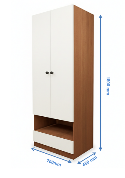 Burma Teak & Wool White Finish Sleek Two Door Design with Open Shelf & Drawer