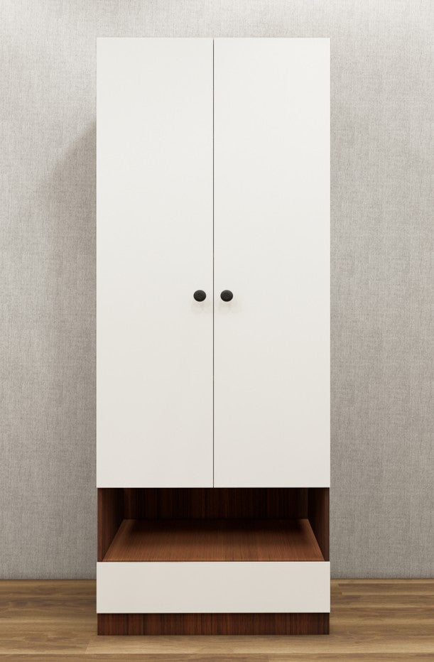 American Walnut & Wool White Finish Sleek Two Door Design with Open Shelf & Drawer