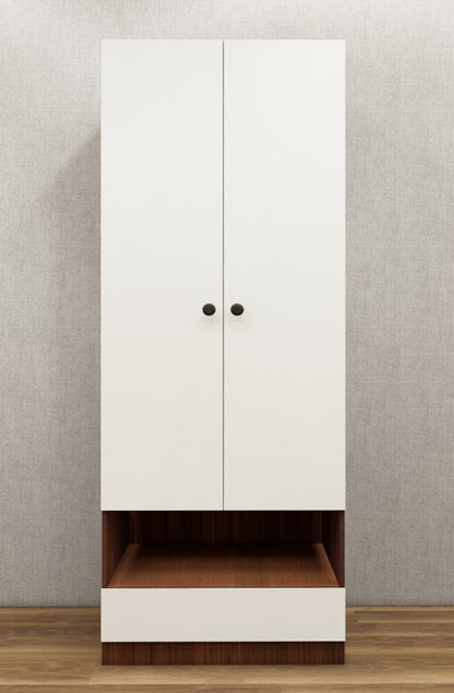 American Walnut & Wool White Finish Sleek Two Door Design with Open Shelf & Drawer