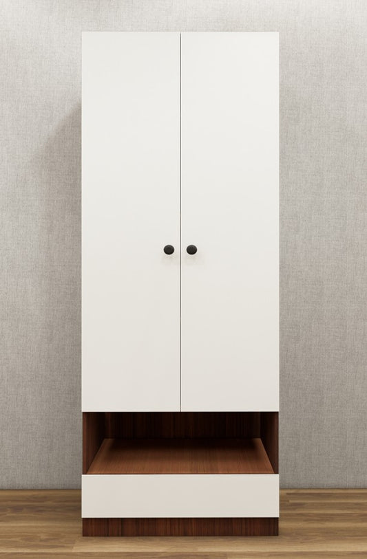 American Walnut & Wool White Finish Sleek Two Door Design with Open Shelf & Drawer