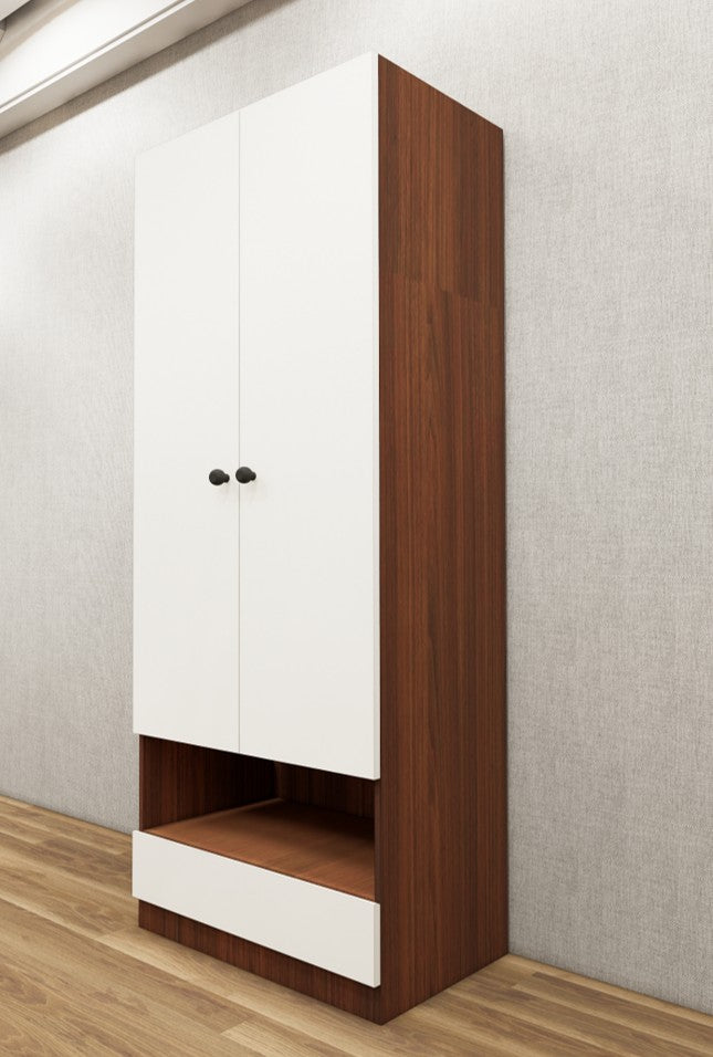 American Walnut & Wool White Finish Sleek Two Door Design with Open Shelf & Drawer