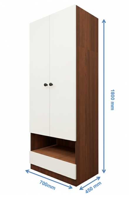 American Walnut & Wool White Finish Sleek Two Door Design with Open Shelf & Drawer