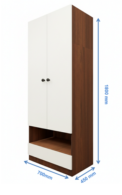 American Walnut & Wool White Finish Sleek Two Door Design with Open Shelf & Drawer