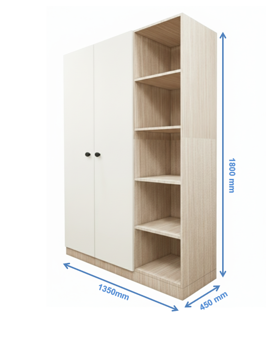 Modern Oak & Wool White Finish – Stylish 3 Door Unit with Side Open Shelves