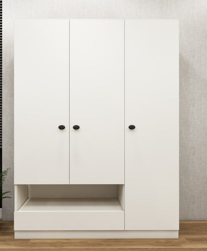 Wool White Finish Wardrobe - Stylish 3 Door Design with Bottom Shelf