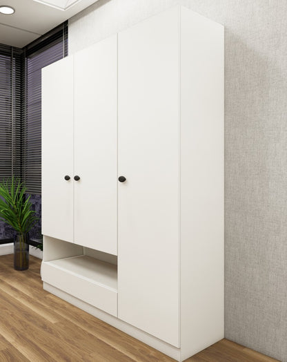 Wool White Finish Wardrobe - Stylish 3 Door Design with Bottom Shelf