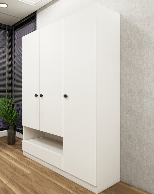 Wool White Finish Wardrobe - Stylish 3 Door Design with Bottom Shelf