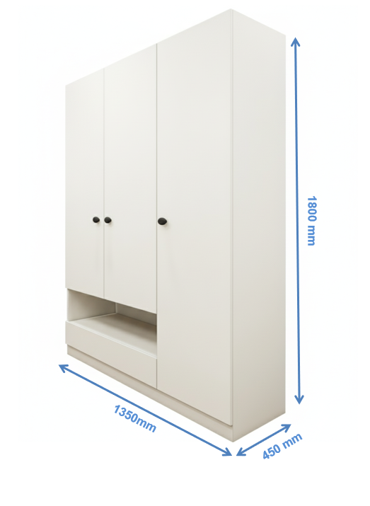 Wool White Finish Wardrobe - Stylish 3 Door Design with Bottom Shelf