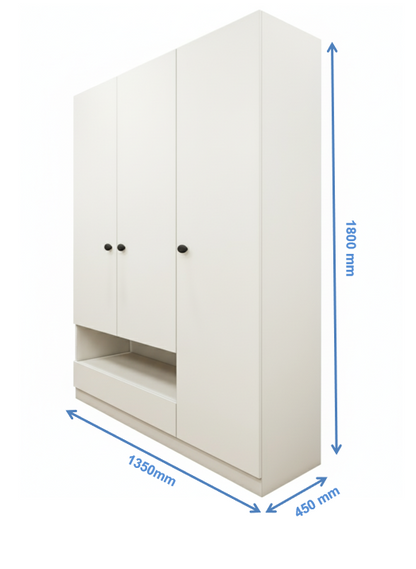 Wool White Finish Wardrobe - Stylish 3 Door Design with Bottom Shelf