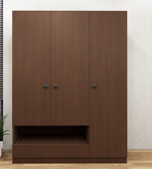 Rich Walnut Finish Wardrobe - Stylish 3 Door Design with Bottom Shelf