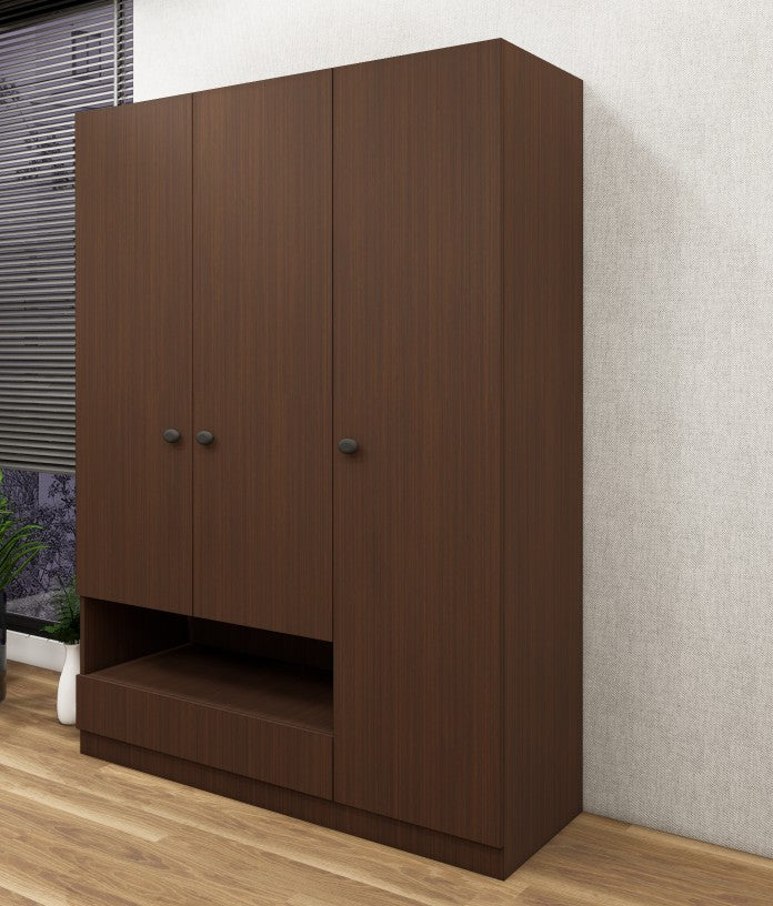 Rich Walnut Finish Wardrobe - Stylish 3 Door Design with Bottom Shelf