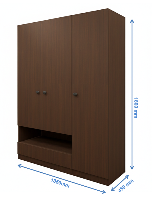 Rich Walnut Finish Wardrobe - Stylish 3 Door Design with Bottom Shelf