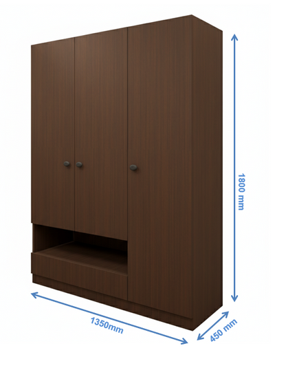 Rich Walnut Finish Wardrobe - Stylish 3 Door Design with Bottom Shelf