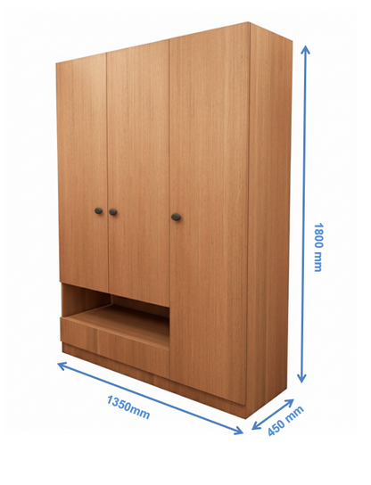 Burma Teak Finish Wardrobe - Stylish 3 Door Design with Bottom Shelf