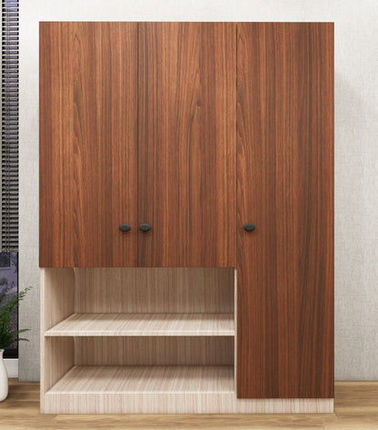 American Walnut & Oak Finish 3 Door Wardrobe – Elegant Storage with Open Shelves