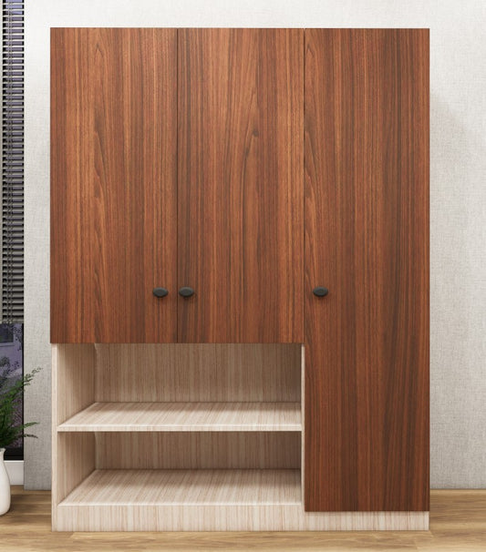American Walnut & Oak Finish 3 Door Wardrobe – Elegant Storage with Open Shelves