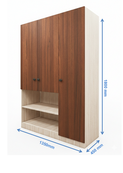 American Walnut & Oak Finish 3 Door Wardrobe – Elegant Storage with Open Shelves