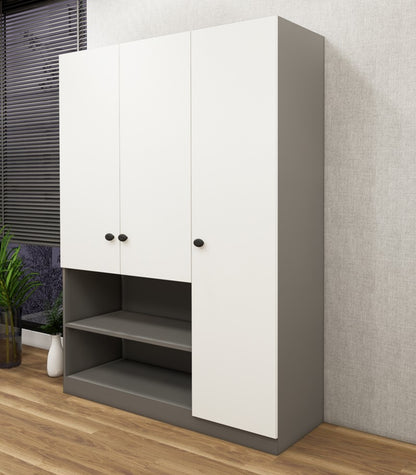 Dust & Wool White Finish 3 Door Wardrobe – Elegant Storage with Open Shelves