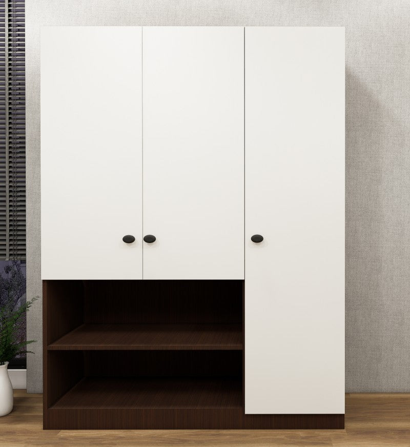 Rich Walnut & Wool White Finish 3 Door Wardrobe – Elegant Storage with Open Shelves