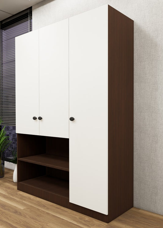 Rich Walnut & Wool White Finish 3 Door Wardrobe – Elegant Storage with Open Shelves