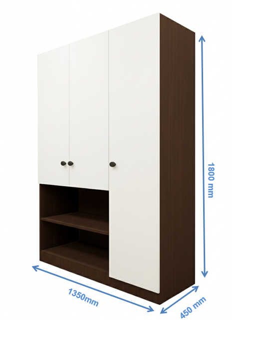 Rich Walnut & Wool White Finish 3 Door Wardrobe – Elegant Storage with Open Shelves