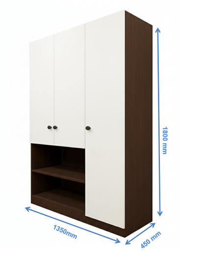 Rich Walnut & Wool White Finish 3 Door Wardrobe – Elegant Storage with Open Shelves