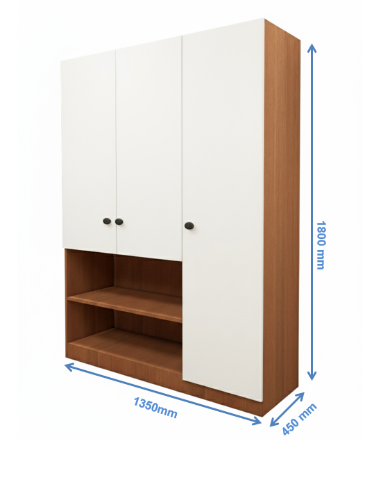 Burma Teak & Wool White Finish 3 Door Wardrobe – Elegant Storage with Open Shelves