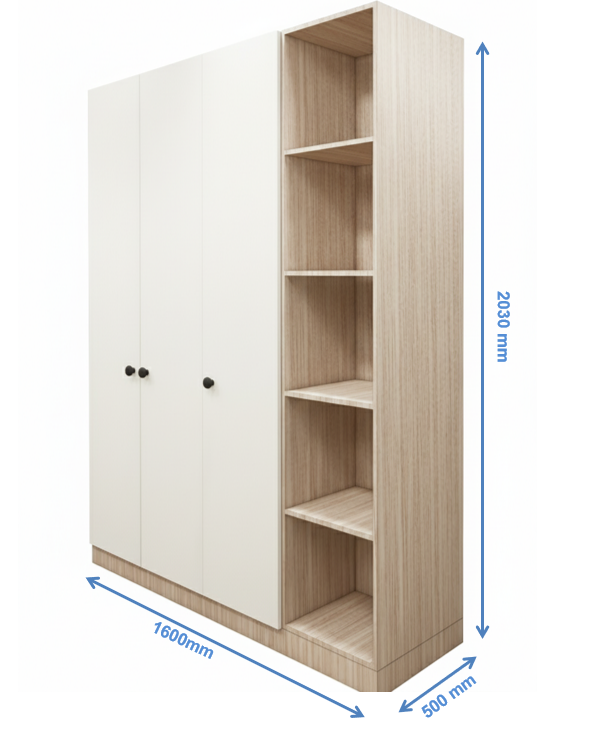 Modern Oak & Wool White Finish - Stylish 4 Door Unit with Side Open Shelves