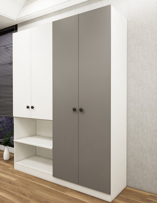 Four Door Wool White & Dust Finish Wardrobe – Stylish Dual Color Design with Shelving