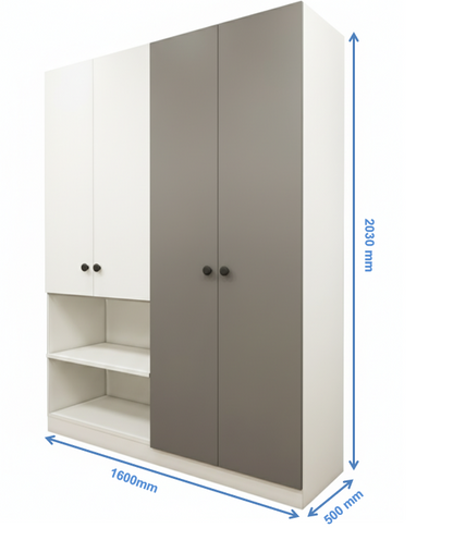 Four Door Wool White & Dust Finish Wardrobe – Stylish Dual Color Design with Shelving