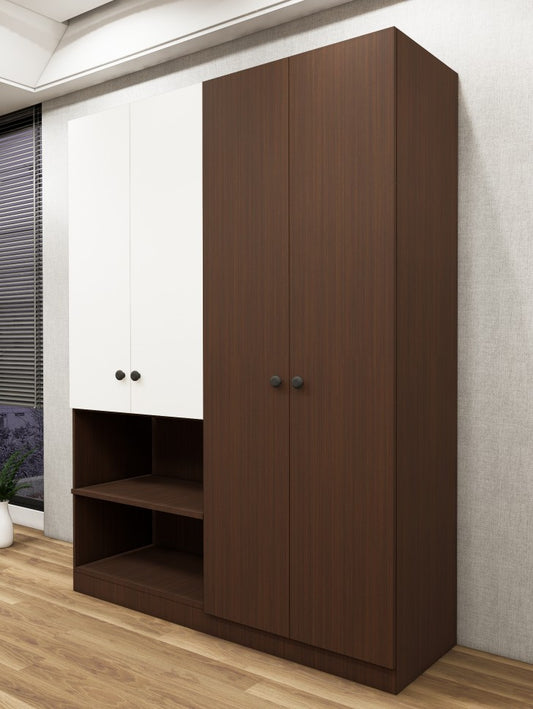Four Door Rich Walnut & Wool White Finish Wardrobe – Stylish Dual Color Design with Shelving