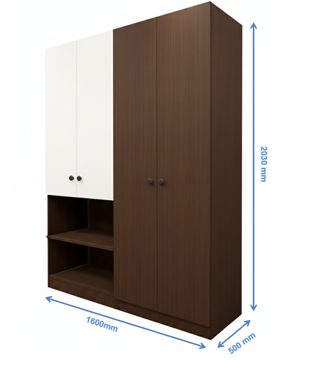 Four Door Rich Walnut & Wool White Finish Wardrobe – Stylish Dual Color Design with Shelving