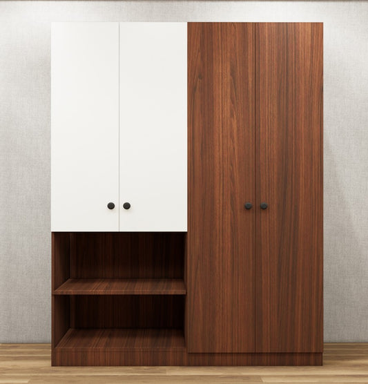Four Door American Walnut & Wool White Finish Wardrobe – Stylish Dual Color Design with Shelving