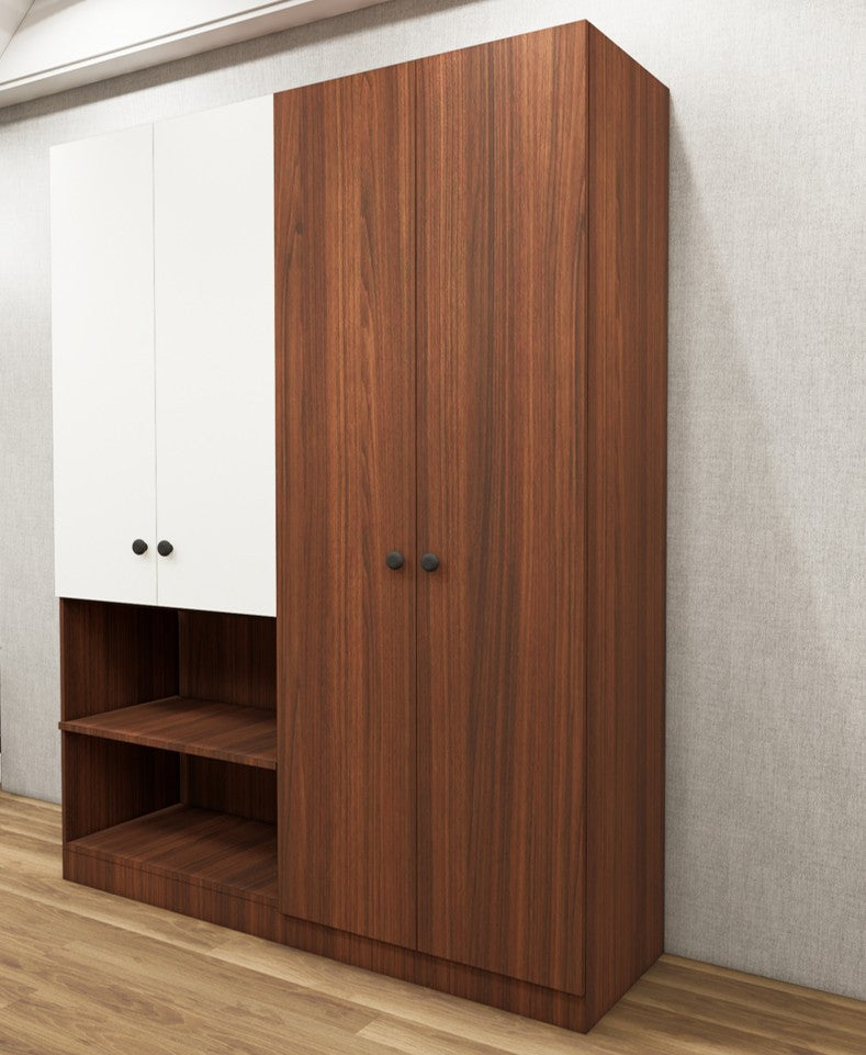 Four Door American Walnut & Wool White Finish Wardrobe – Stylish Dual Color Design with Shelving