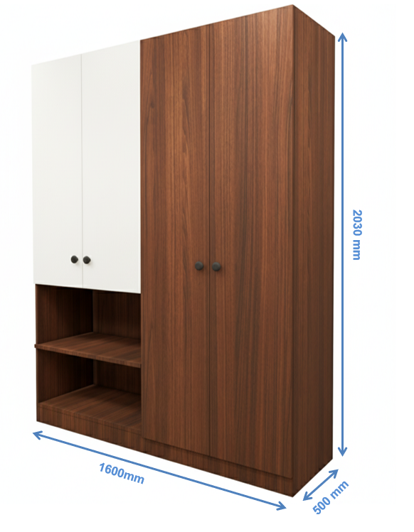Four Door American Walnut & Wool White Finish Wardrobe – Stylish Dual Color Design with Shelving